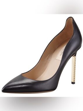 Valentino Garavani Nappa Black Leather Pointed Pumps with Gold Stud Heel
